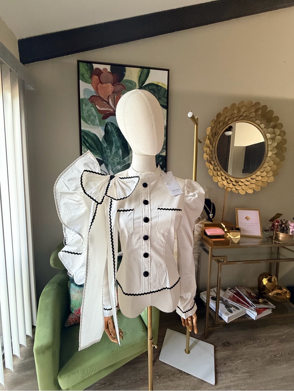 AKIRA White Statement Ruffle Blouse Black Trim Cotton Stretch Size Small NWT - Picture 4 of 14